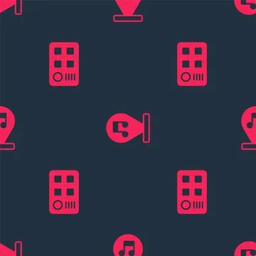 Set Drum machine and Music note, tone on seamless pattern. Vector Stockillustratie