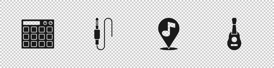 Set Drum machine, Audio jack, Location musical note and Guitar icon. Vector Illustrazione stock