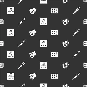 Set Drum machine, Audio jack, Music player and Speaker volume on seamless p.. Illustrazione stock