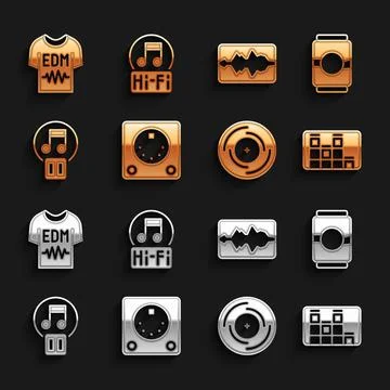 Set Drum machine, Beer can, Music equalizer, Vinyl disk, Pause button, wave, T Stock Illustration