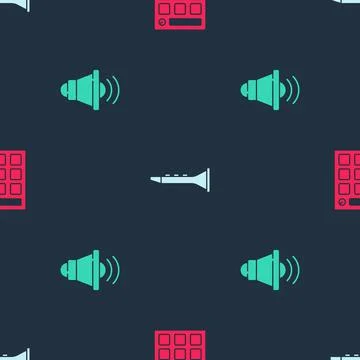Set Drum machine, Clarinet and Speaker volume on seamless pattern. Vector Illustrazione stock