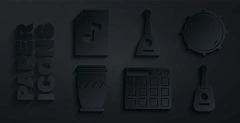 Set Drum machine, Dial knob level, Guitar, Balalaika and Music book with note Stock Illustration