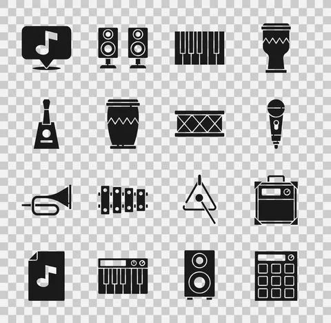 Set Drum machine, Guitar amplifier, Microphone, Grand piano, Balalaika, Musical Illustrazione stock