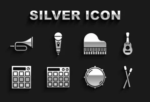 Set Drum machine, Guitar, sticks, Dial knob level, Grand piano, Trumpet and Stock Illustration