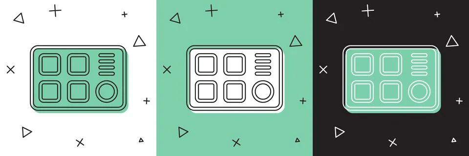 Set Drum machine icon isolated on white and green, black background. Musical Illustrazione stock