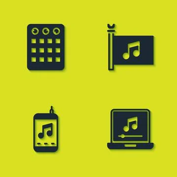 Set Drum machine, Laptop with music note, Music player and festival flag icon Illustrazione stock