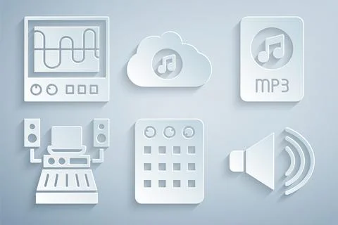 Set Drum machine, MP3 file document, Music recording studio, Speaker volume.. Illustrazione stock
