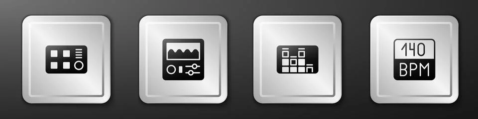 Set Drum machine, , Music equalizer and Bitrate icon. Silver square button Stock Illustration