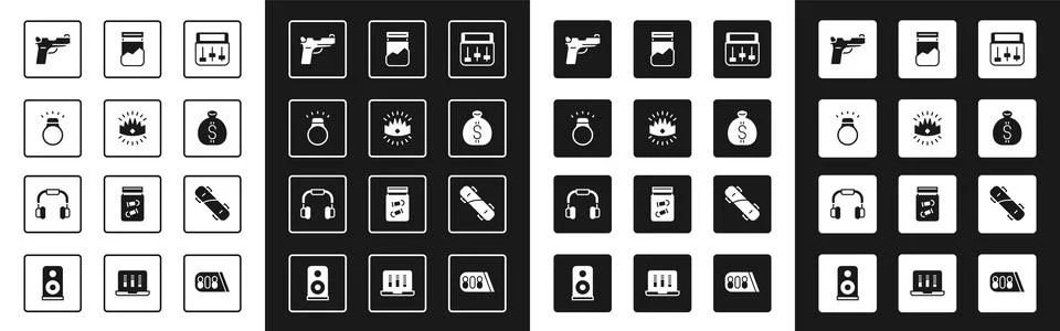 Set Drum machine music, King crown, Diamond ring, Pistol or gun, Money bag, P Stock Illustration