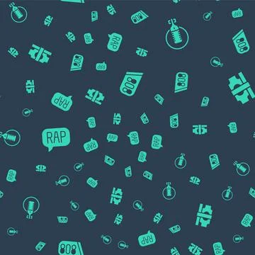 Set Drum machine music, Microphone, Rap and Stacks paper money cash on seamle Stock Illustration