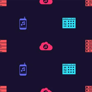 Set Drum machine, Music player, streaming service and playlist on seamless pa Illustrazione stock