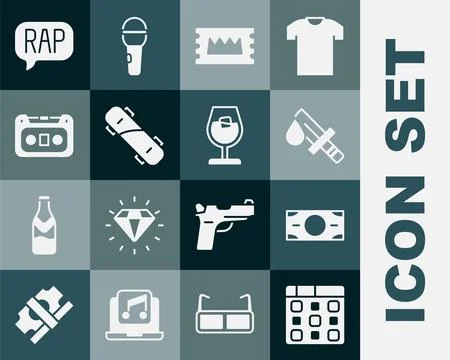 Set Drum machine music, Stacks paper money cash, Bloody knife, Concert tick.. Stock Illustration