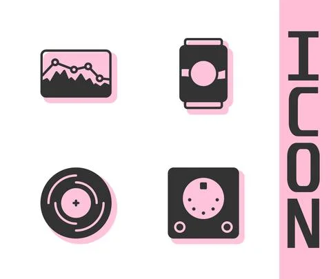 Set Drum machine, Music wave equalizer, Vinyl disk and Beer can icon. Vector Illustrazione stock