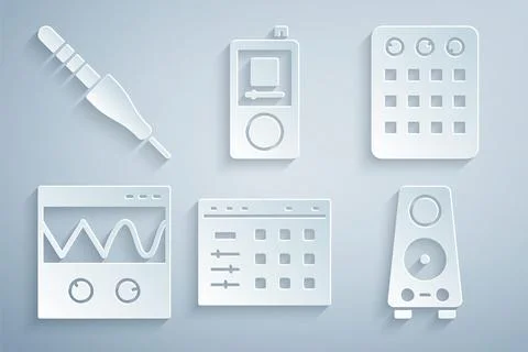 Set Drum machine, Oscilloscope, Stereo speaker, Music player and Audio jack.. Illustrazione stock