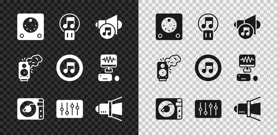 Set Drum machine, Pause button, Speaker volume, Vinyl player with vinyl disk Stock Illustration