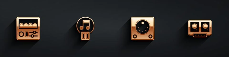 Set Drum machine, Pause button, and DJ remote and mixing music icon with long Stock Illustration