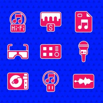Set Drum machine, Pause button, Music wave equalizer, Microphone, Vinyl pla.. Illustrazione stock