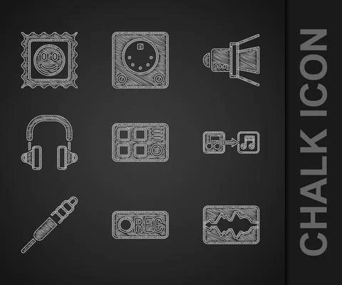 Set Drum machine, Record button, Music wave equalizer, note, tone, Audio jack Stock Illustration