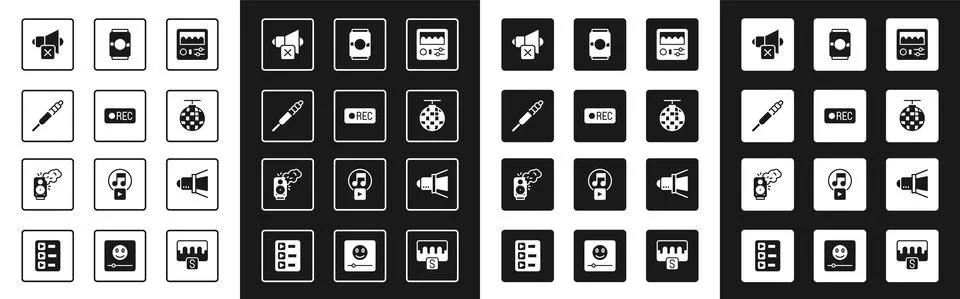 Set Drum machine, Record button, Audio jack, Speaker mute, Disco ball, Beer can Stock Illustration