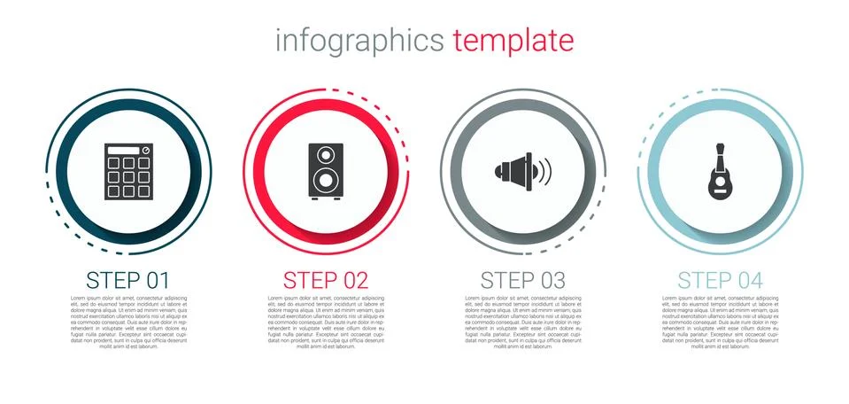 Set Drum machine, Stereo speaker, Speaker volume and Guitar. Business Illustrazione stock
