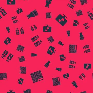 Set Drum machine, , Stereo speaker and Musical note on seamless pattern. Vector Stock Illustration