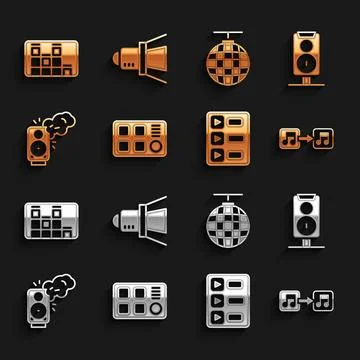 Set Drum machine, Stereo speaker, Music note, tone, playlist, Disco ball, e.. Stock Illustration