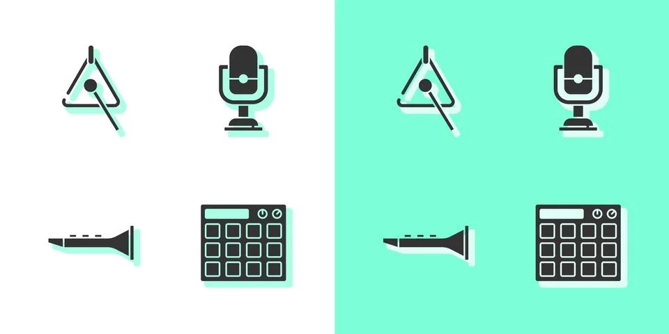 Set Drum machine, Triangle, Clarinet and Microphone icon. Vector Stock Illustration