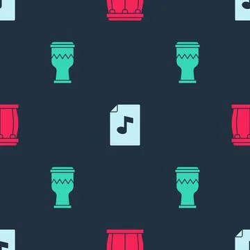 Set Drum, Music book with note and on seamless pattern. Vector Stock Illustration