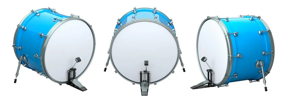 Set of drum with pedal on white background. 3d render concept of musical Stock Illustration