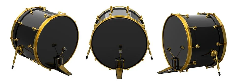 Set of drum with pedal on white background. 3d render concept of musical inst Stock Illustration