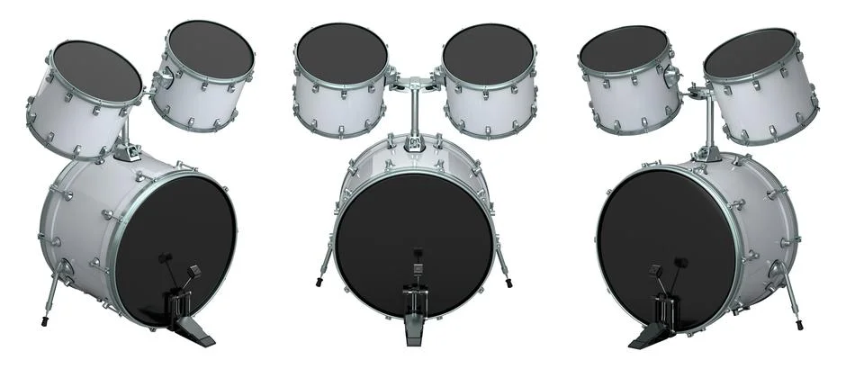 Set of drum with pedal on white background. 3d render concept of musical in.. Ilustración de archivo