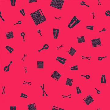 Set Drum sticks, machine, Banjo and Metronome with pendulum on seamless pattern Illustrazione stock