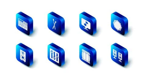 Set Drum sticks, Musical note, Dial knob level, Stereo speaker, Sound mixer c Stock Illustration