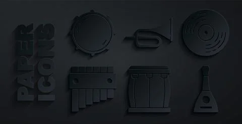 Set Drum, Vinyl disk, Pan flute, Balalaika, Trumpet and Dial knob level icon Stock Illustration
