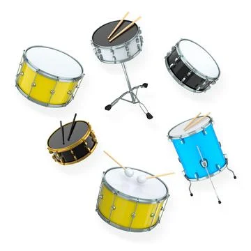 Set of drums and drumset with metal cymbals on white background Stock Illustration