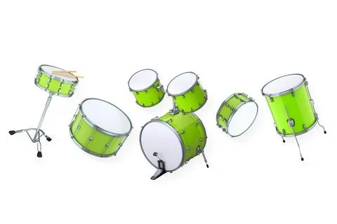 Set of drums and drumset with metal cymbals on white background Illustrazione stock
