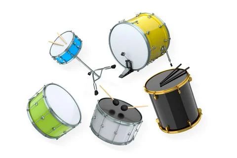 Set of drums and drumset with metal cymbals on white background Illustrazione stock