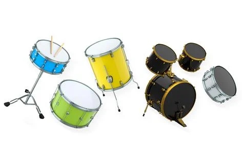 Set of drums and drumset with metal cymbals on white background Illustrazione stock