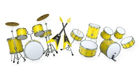 Set of drums and drumset with metal cymbals on white background Illustrazione stock