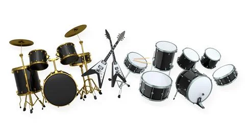Set of drums and drumset with metal cymbals on white background イラスト素材