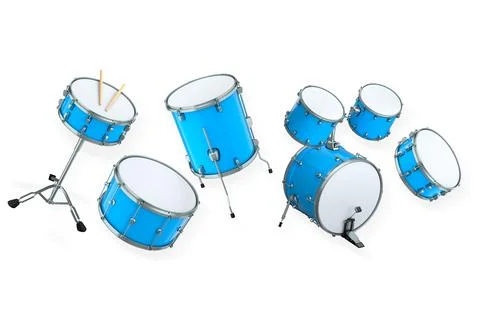 Set of drums and drumset with metal cymbals on white background Illustrazione stock