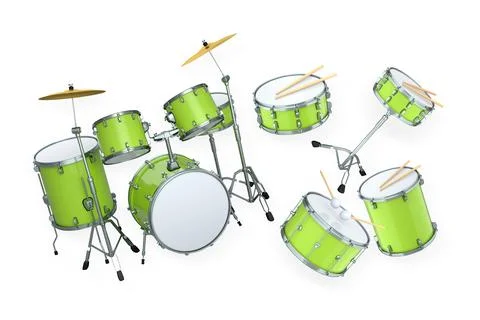 Set of drums and drumset with metal cymbals on white background Illustrazione stock