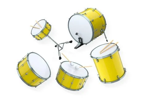 Set of drums and drumset with metal cymbals on white background Stock-Illustration