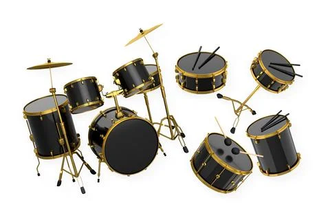 Set of drums and drumset with metal cymbals on white background Stock-Illustration