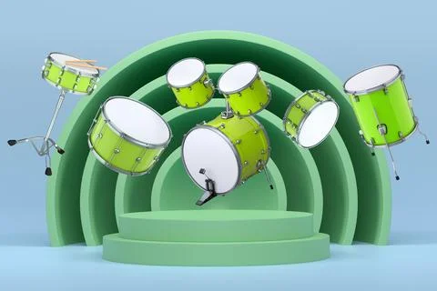 Set of drums and drumsticks suspended in air over podium, on abstract colorfu Ilustração Stock