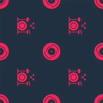 Set Drums and Vinyl disk on seamless pattern. Vector 스톡 일러스트