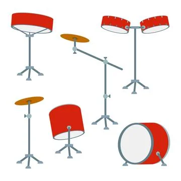 Set of Drums. Vector percussion instruments in flat style. Various classical  Stock Illustration