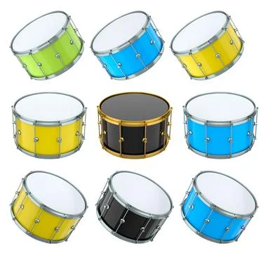 Set of drums on white background. 3d render concept of musical instrument, dr Illustrazione stock