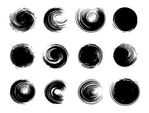 Set of dry brush strokes on a white isolated background, round shaped black Stock Illustration