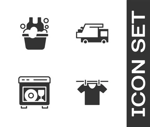 Set Drying clothes, Basin with soap suds, Dishwasher machine and Garbage truck Stock Illustration